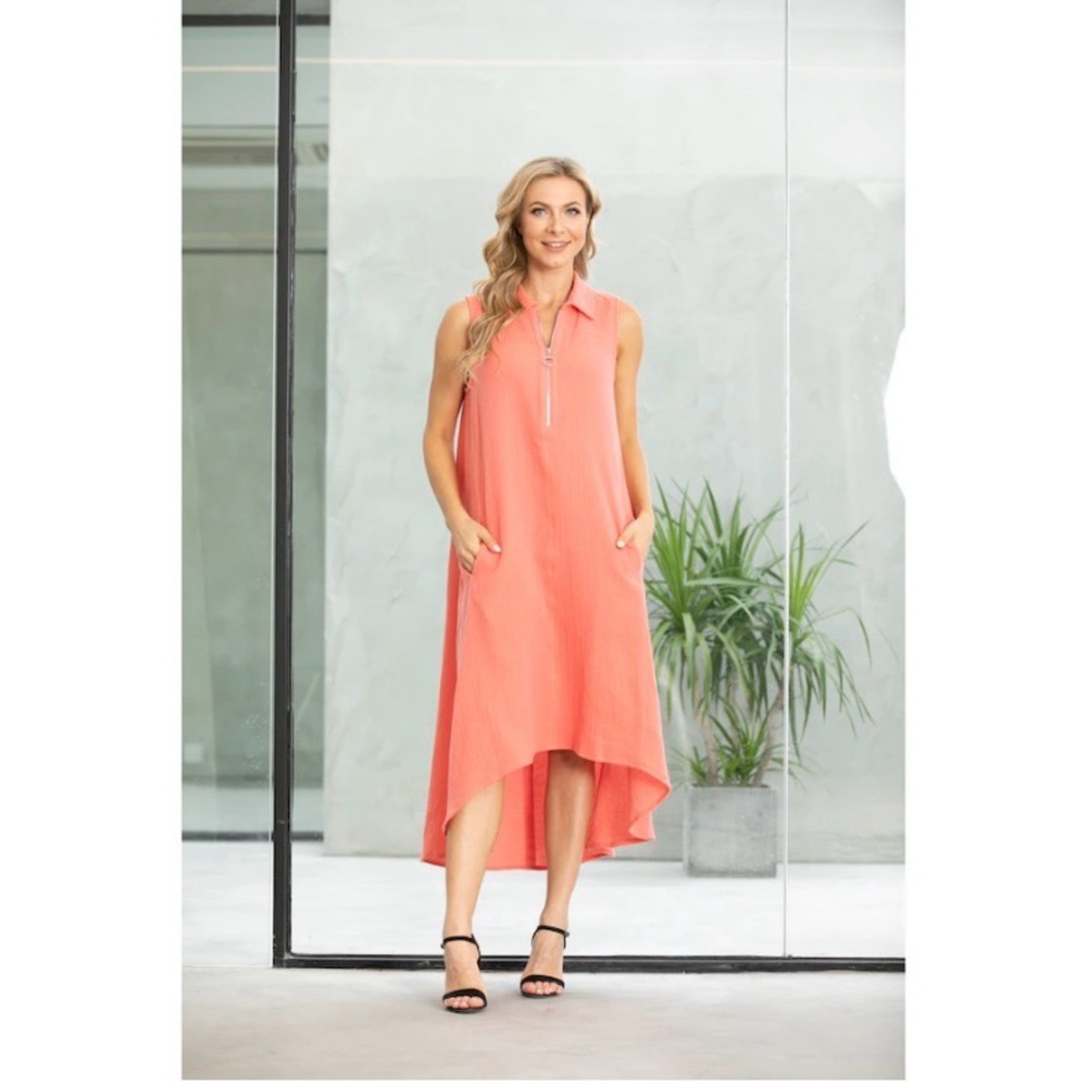 Fashion Village 100% Cotton Crinkle High Low Maxi Dress With Pockets Women’s M - Picture 2 of 7